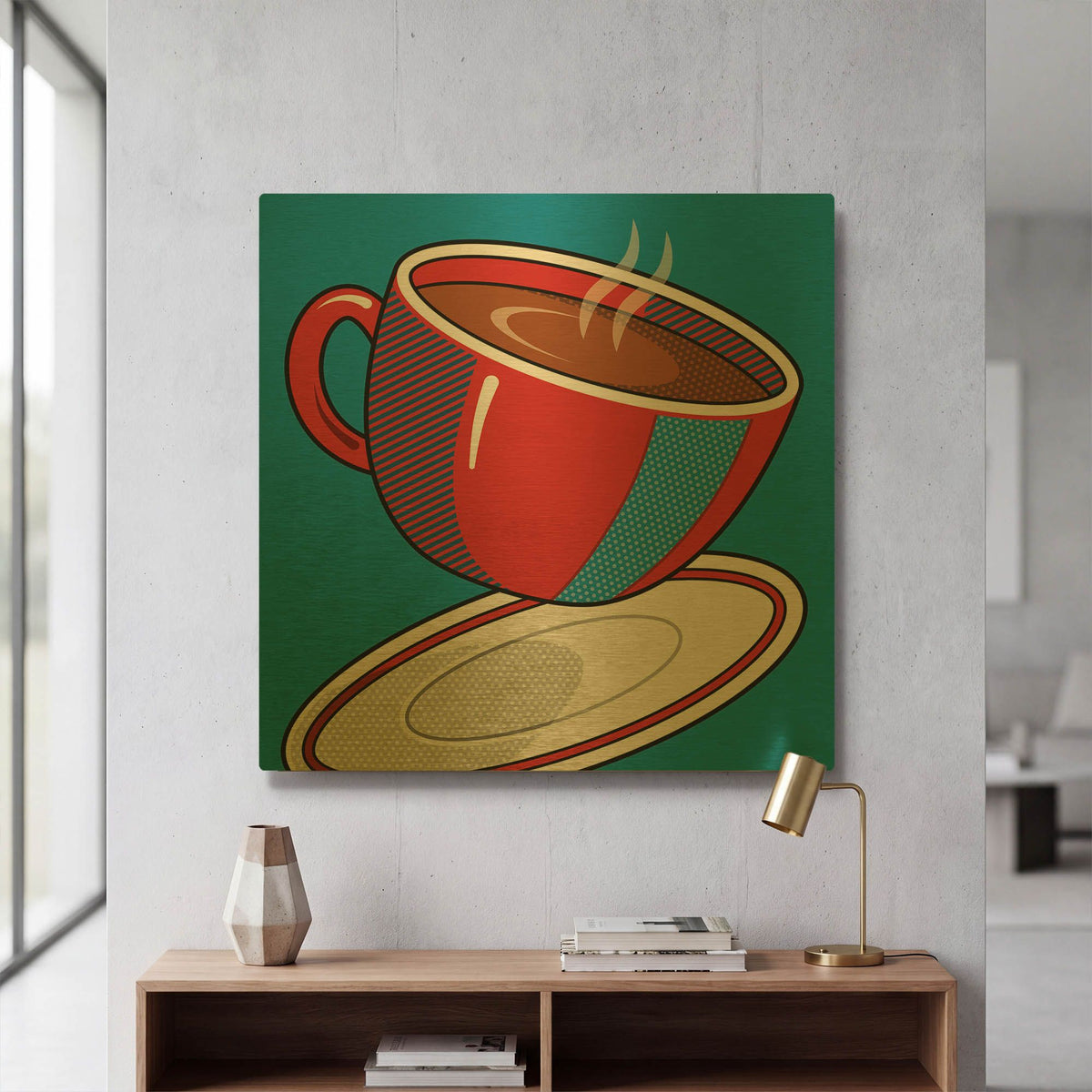 'Red Coffee Cup On Blue' By Ron Magnes Gold Metal Wall Art