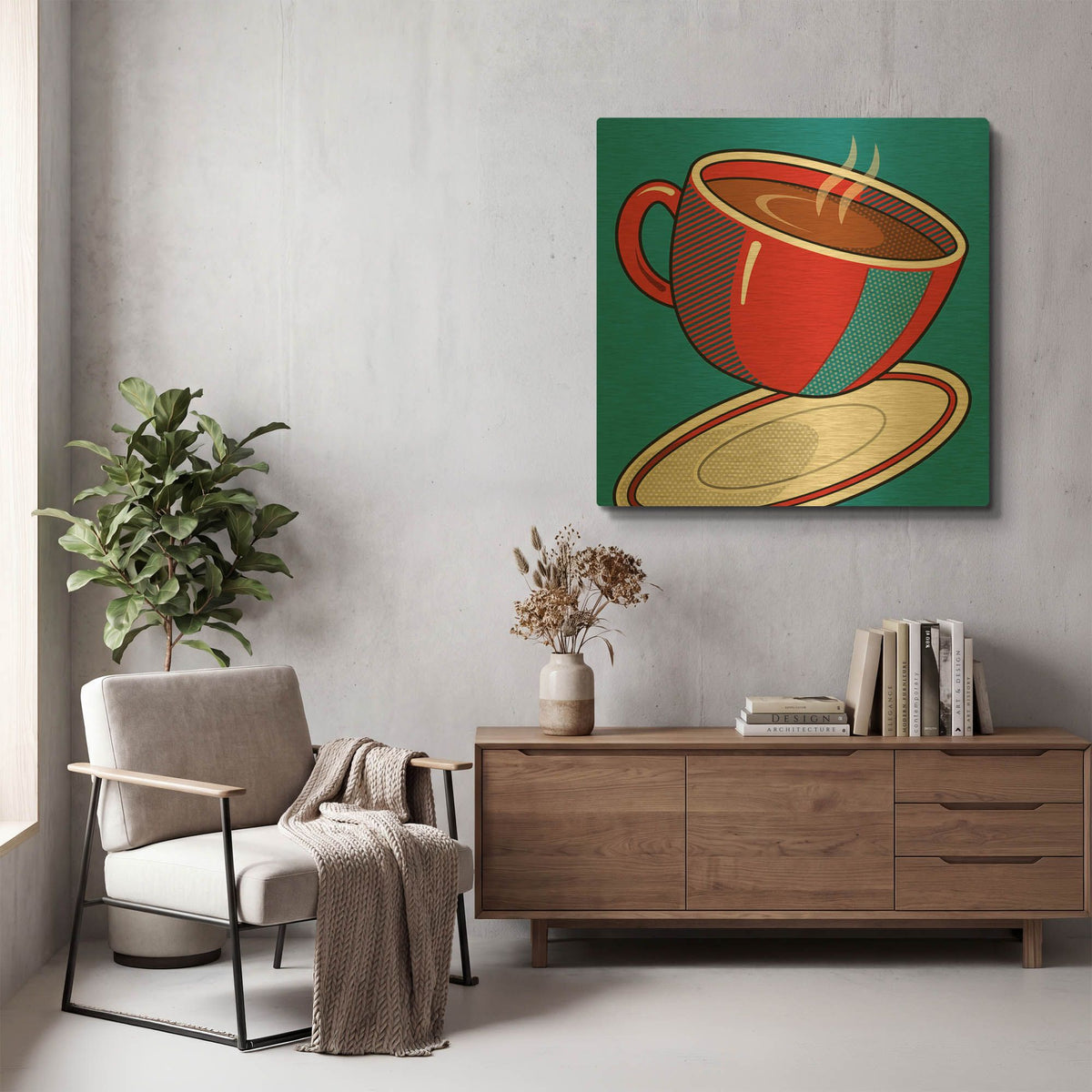 'Red Coffee Cup On Blue' By Ron Magnes Gold Metal Wall Art