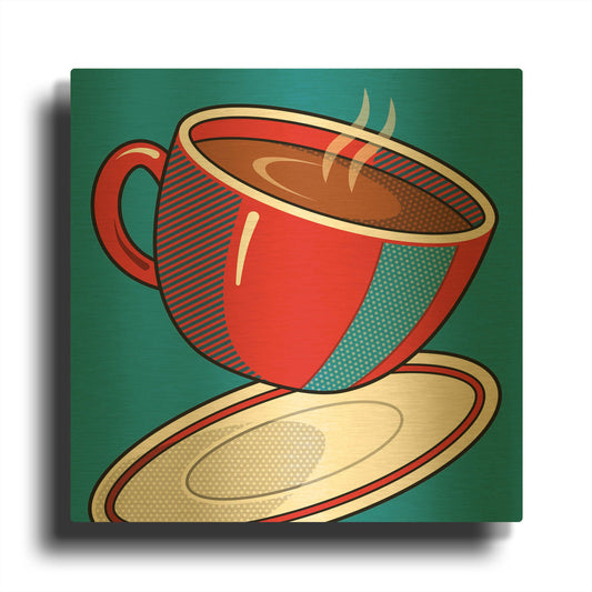'Red Coffee Cup On Blue' By Ron Magnes Gold Metal Wall Art