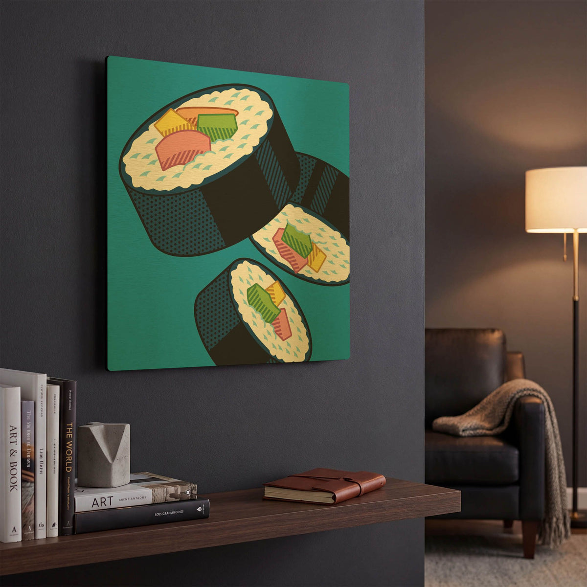 'Sushi Rolls On Blue' By Ron Magnes Gold Metal Wall Art