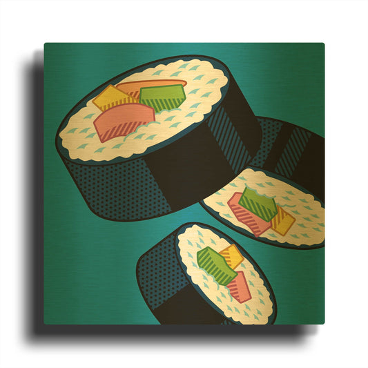 'Sushi Rolls On Blue' By Ron Magnes Gold Metal Wall Art