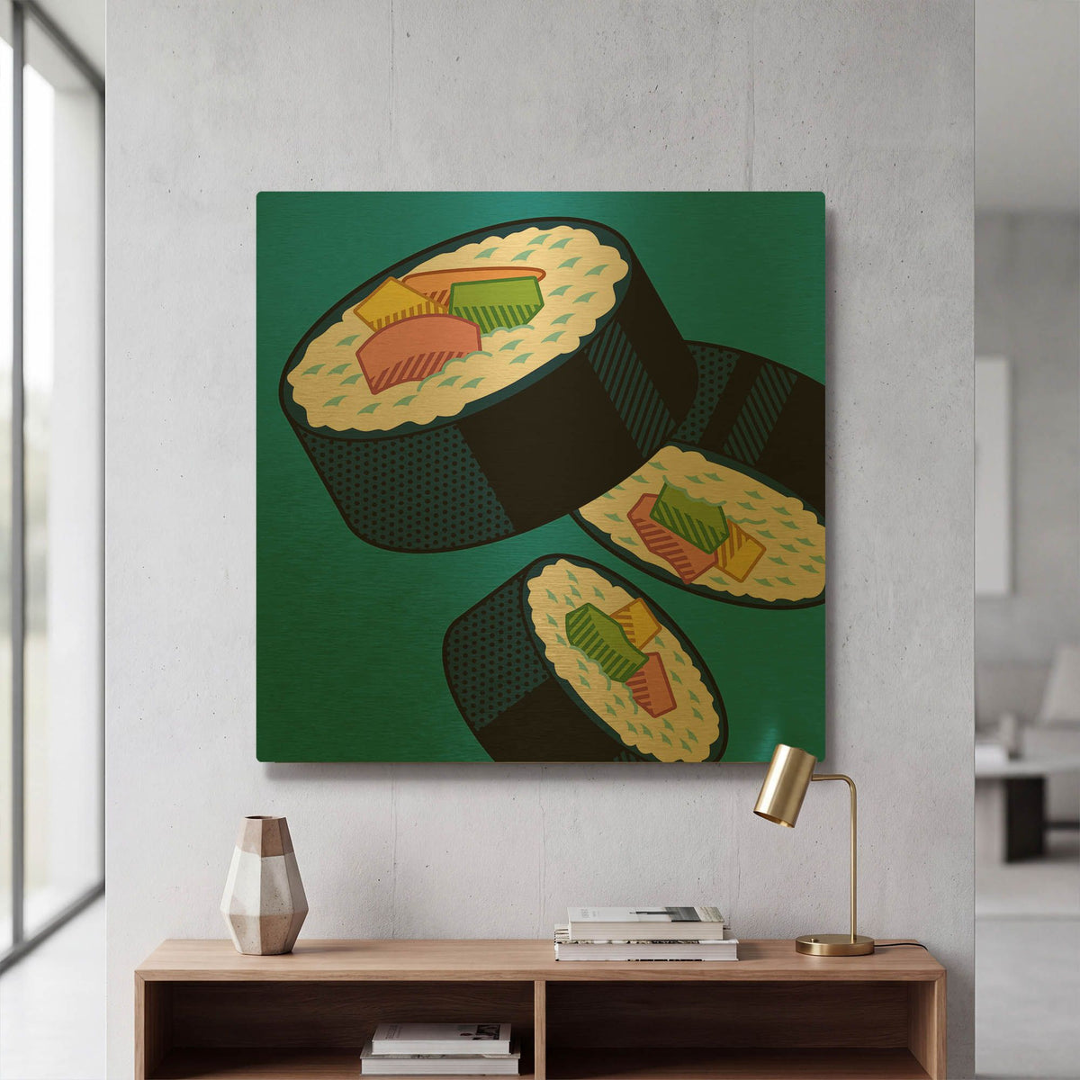 'Sushi Rolls On Blue' By Ron Magnes Gold Metal Wall Art