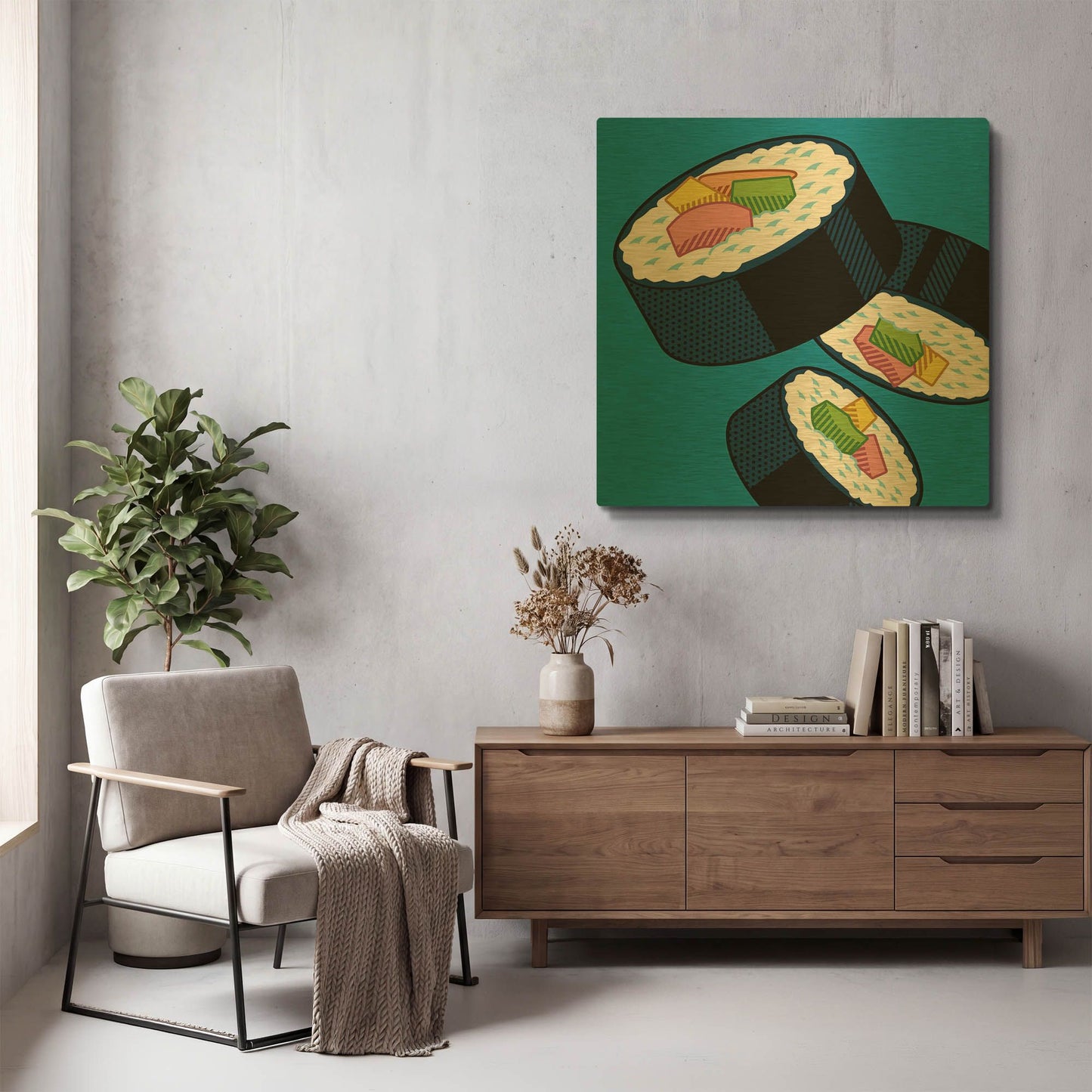 'Sushi Rolls On Blue' By Ron Magnes Gold Metal Wall Art
