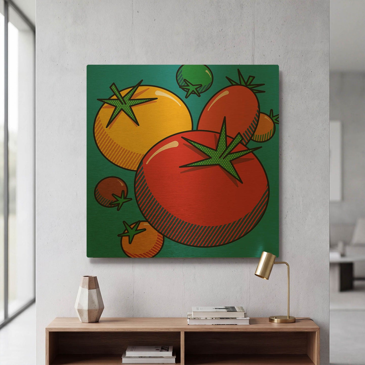 'Various Tomatoes On Blue' By Ron Magnes Gold Metal Wall Art