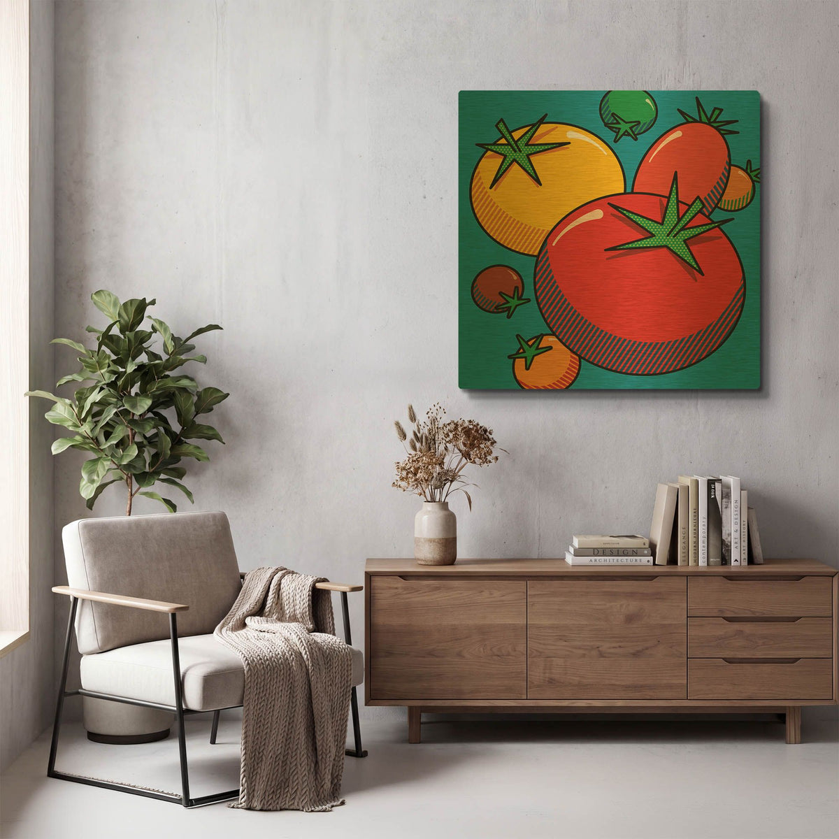 'Various Tomatoes On Blue' By Ron Magnes Gold Metal Wall Art