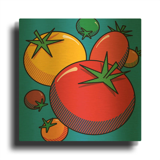 'Various Tomatoes On Blue' By Ron Magnes Gold Metal Wall Art