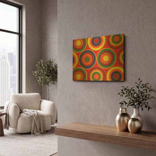 'Circles Abstract On Red' By Ron Magnes Gold Metal Wall Art
