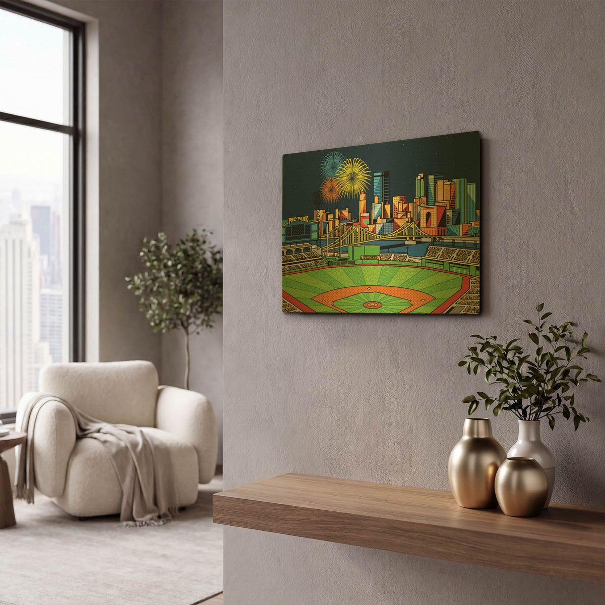 'PNC Park Fireworks Pittsburgh' By Ron Magnes Gold Metal Wall Art