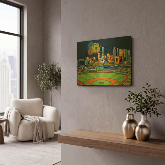 'PNC Park Fireworks Pittsburgh' By Ron Magnes Gold Metal Wall Art