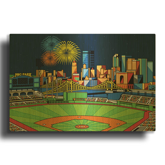 'PNC Park Fireworks Pittsburgh' By Ron Magnes Gold Metal Wall Art