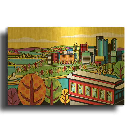 'Pittsburgh Incline Autumn Pop' By Ron Magnes Gold Metal Wall Art