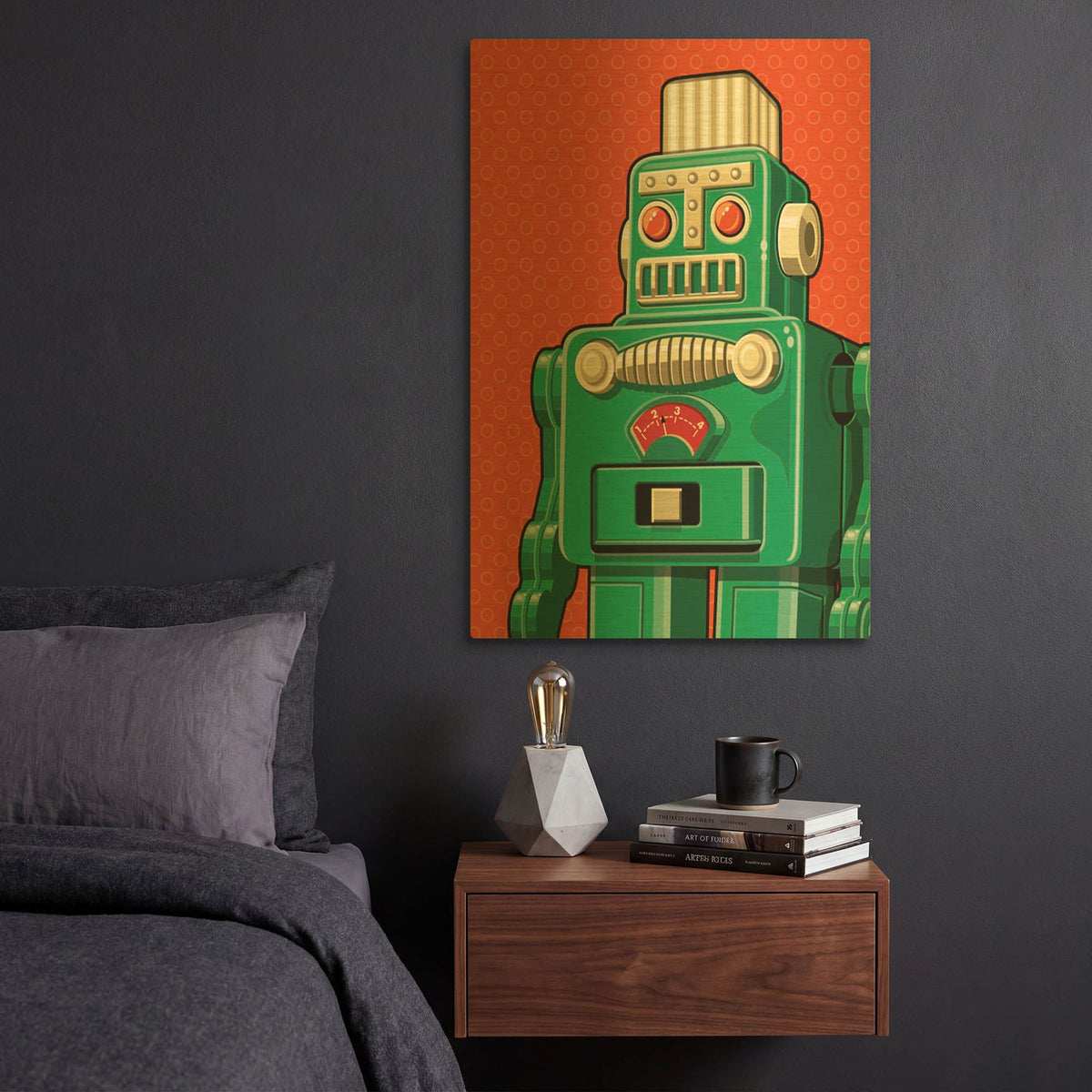'Vintage Green Robot' By Ron Magnes Gold Metal Wall Art