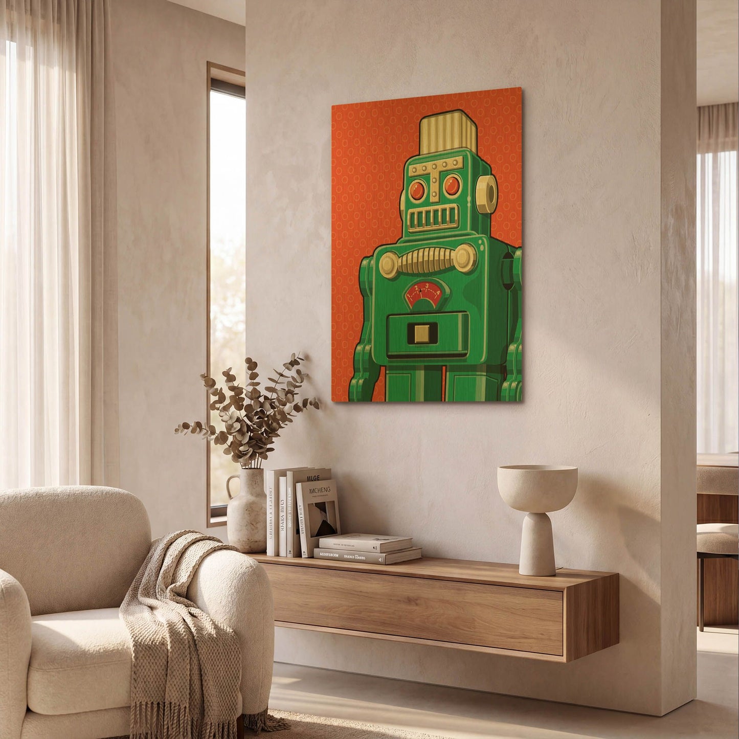 'Vintage Green Robot' By Ron Magnes Gold Metal Wall Art