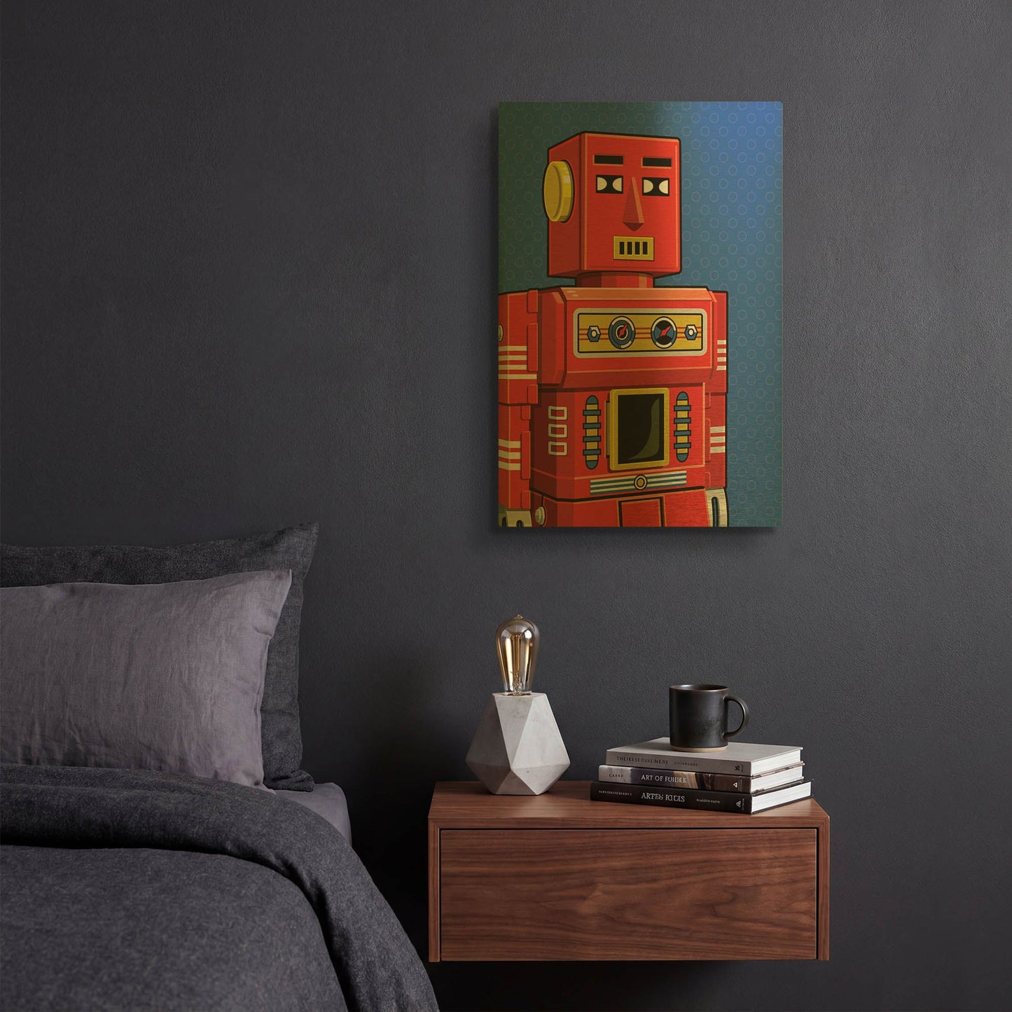 'Vintage Red Robot' By Ron Magnes Gold Metal Wall Art