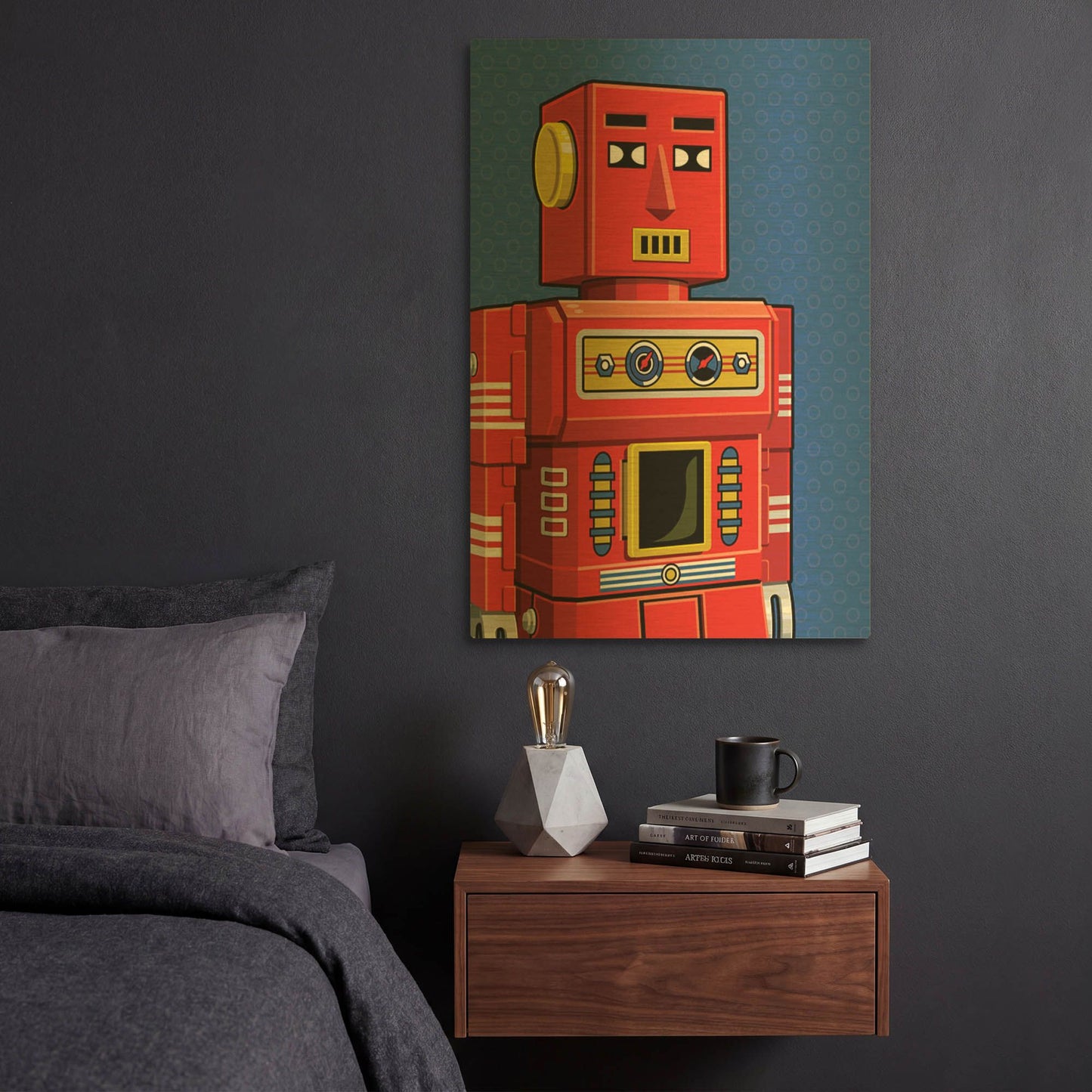 'Vintage Red Robot' By Ron Magnes Gold Metal Wall Art
