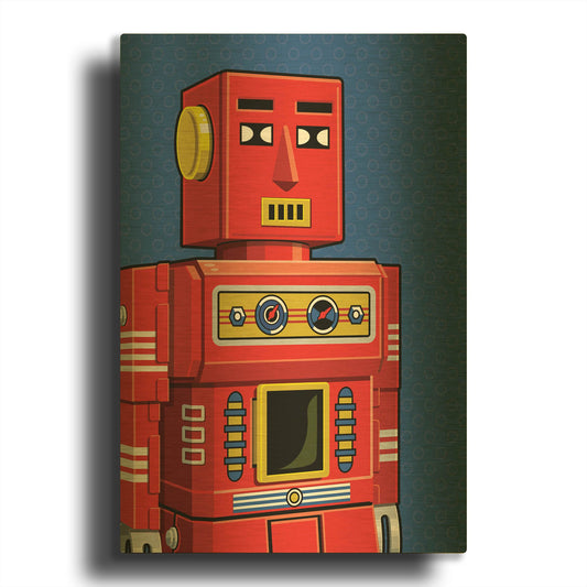 'Vintage Red Robot' By Ron Magnes Gold Metal Wall Art