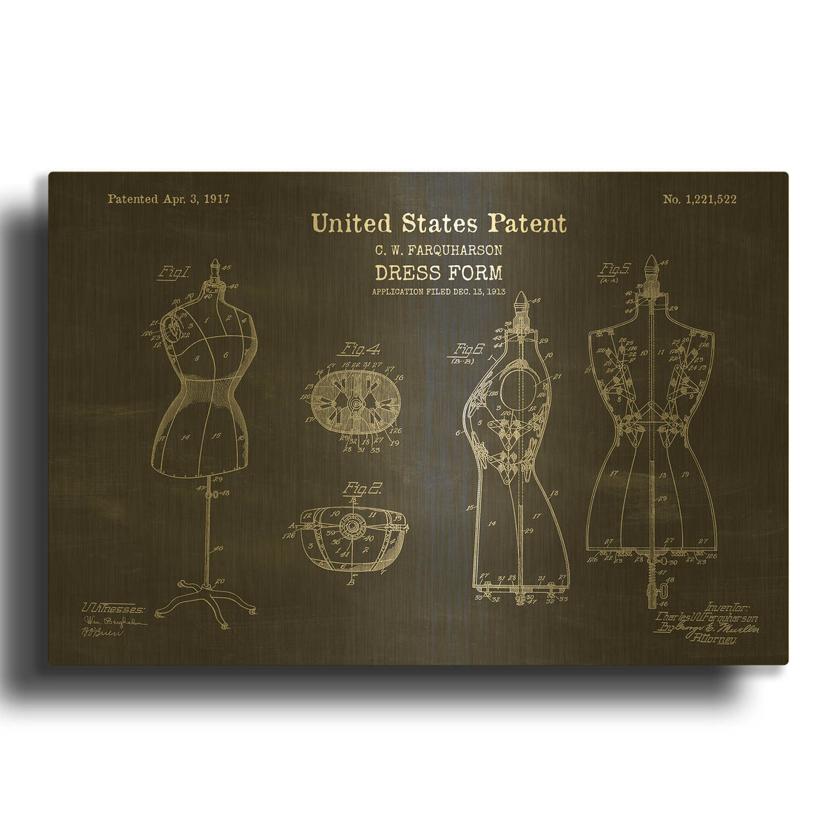 'Dress Form Blueprint Patent Chalkboard' By LUXE Gold Metal Wall Art
