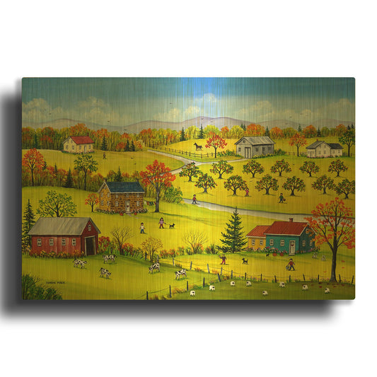 'Farm Kids in the Fall' By Sharon Mark Gold Metal Wall Art