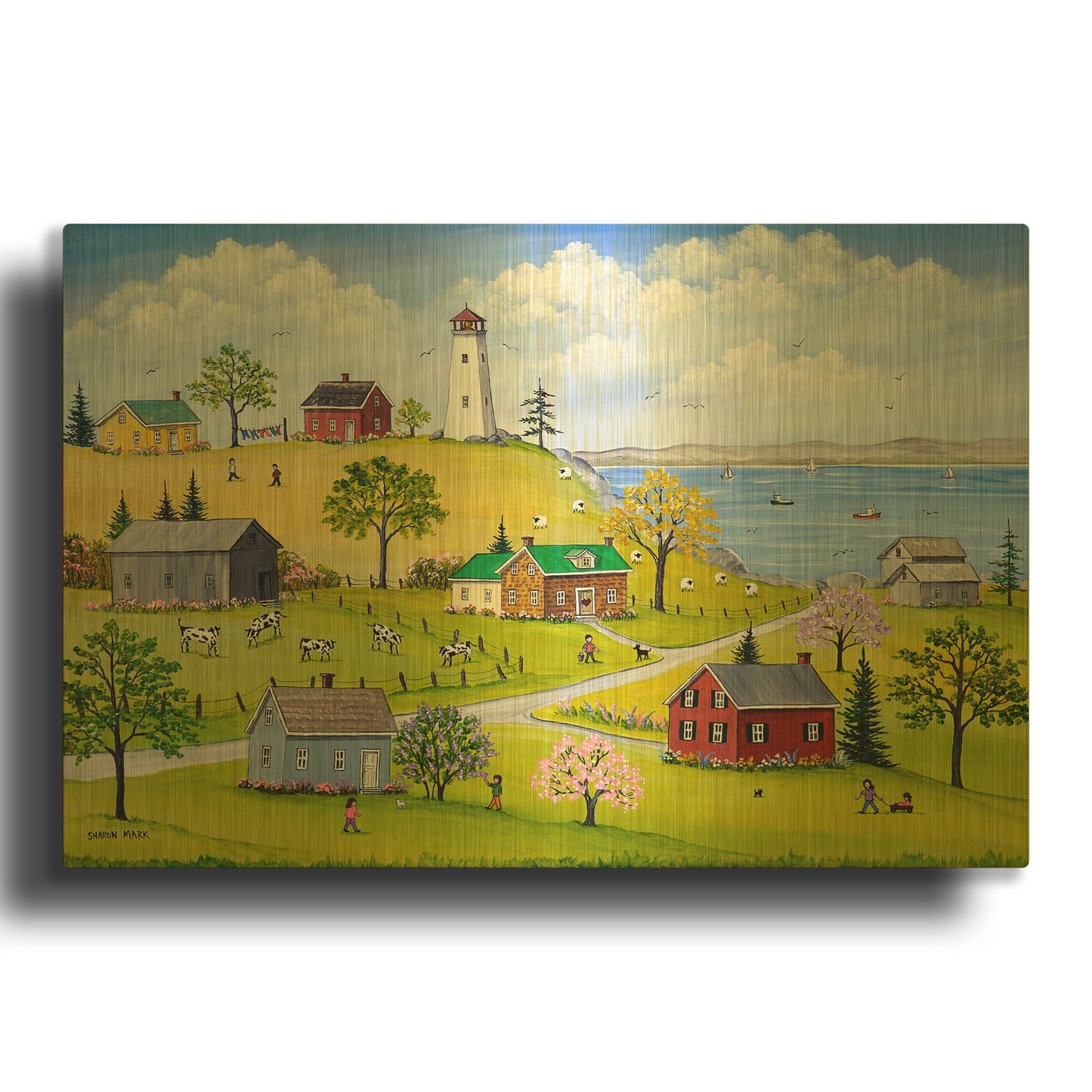 'Lighthouse, Lilacs and Lupins' By Sharon Mark Gold Metal Wall Art