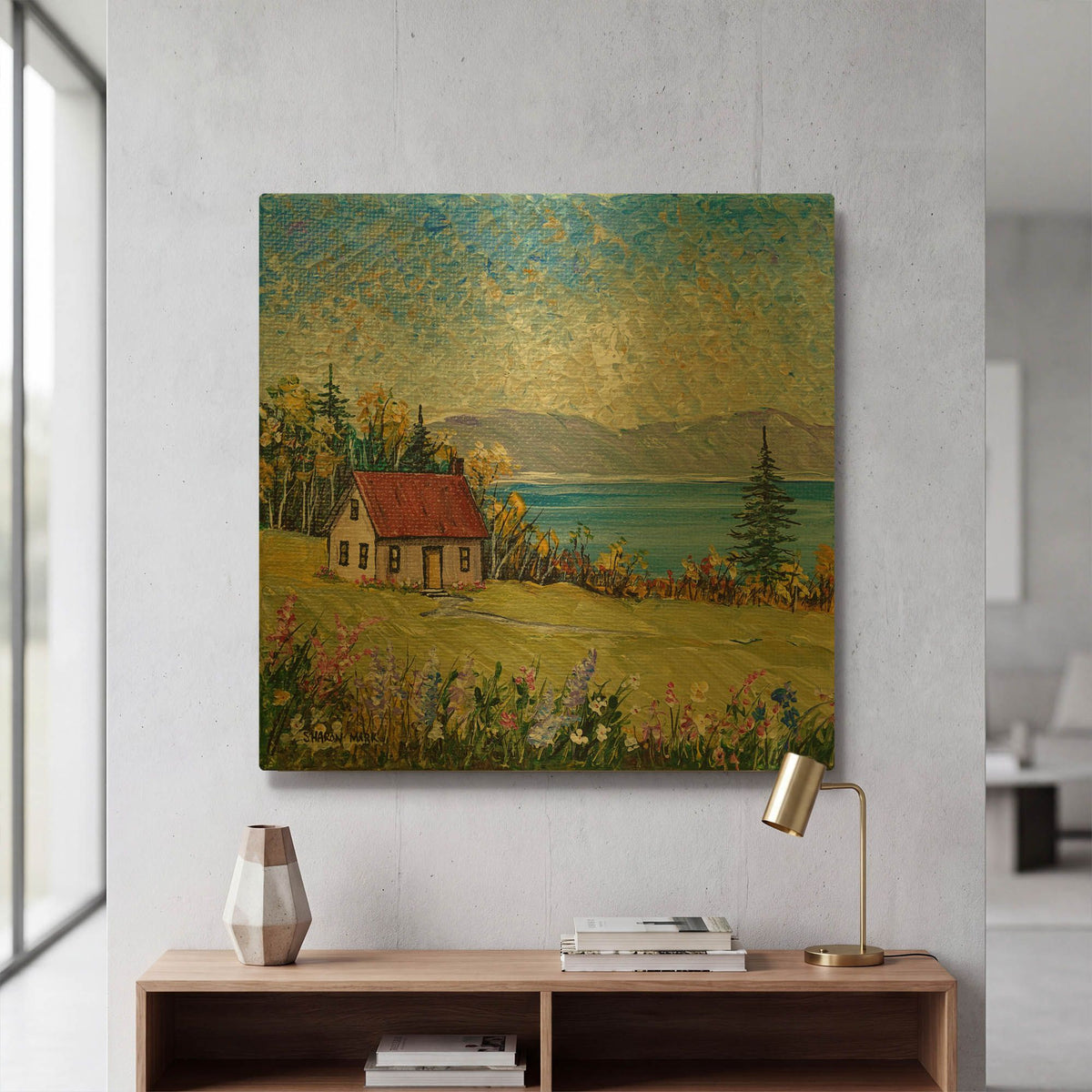 'Little House by the Water' By Sharon Mark Gold Metal Wall Art