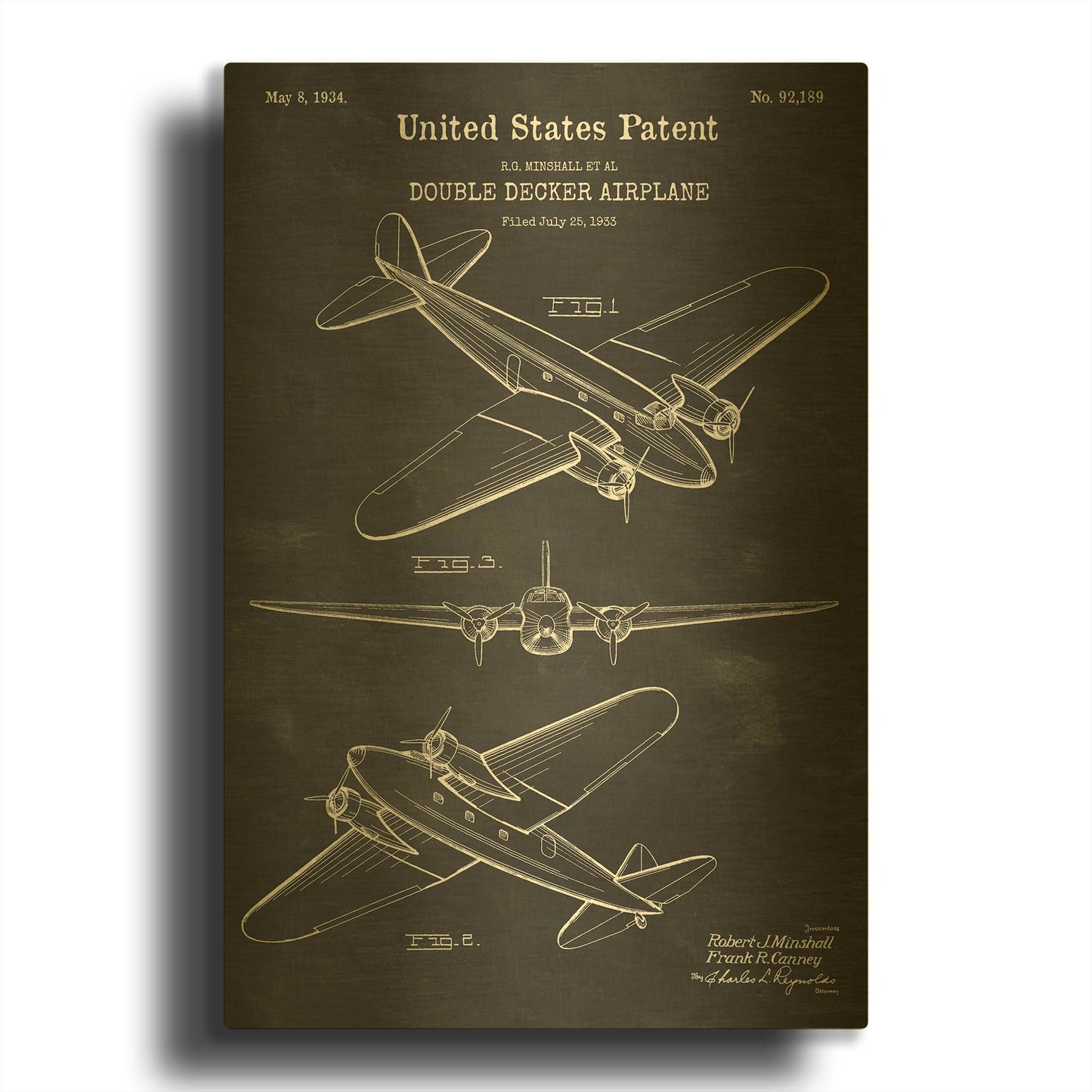 'Double Decker Airplane Blueprint Patent Chalkboard' By LUXE Gold Metal Wall Art