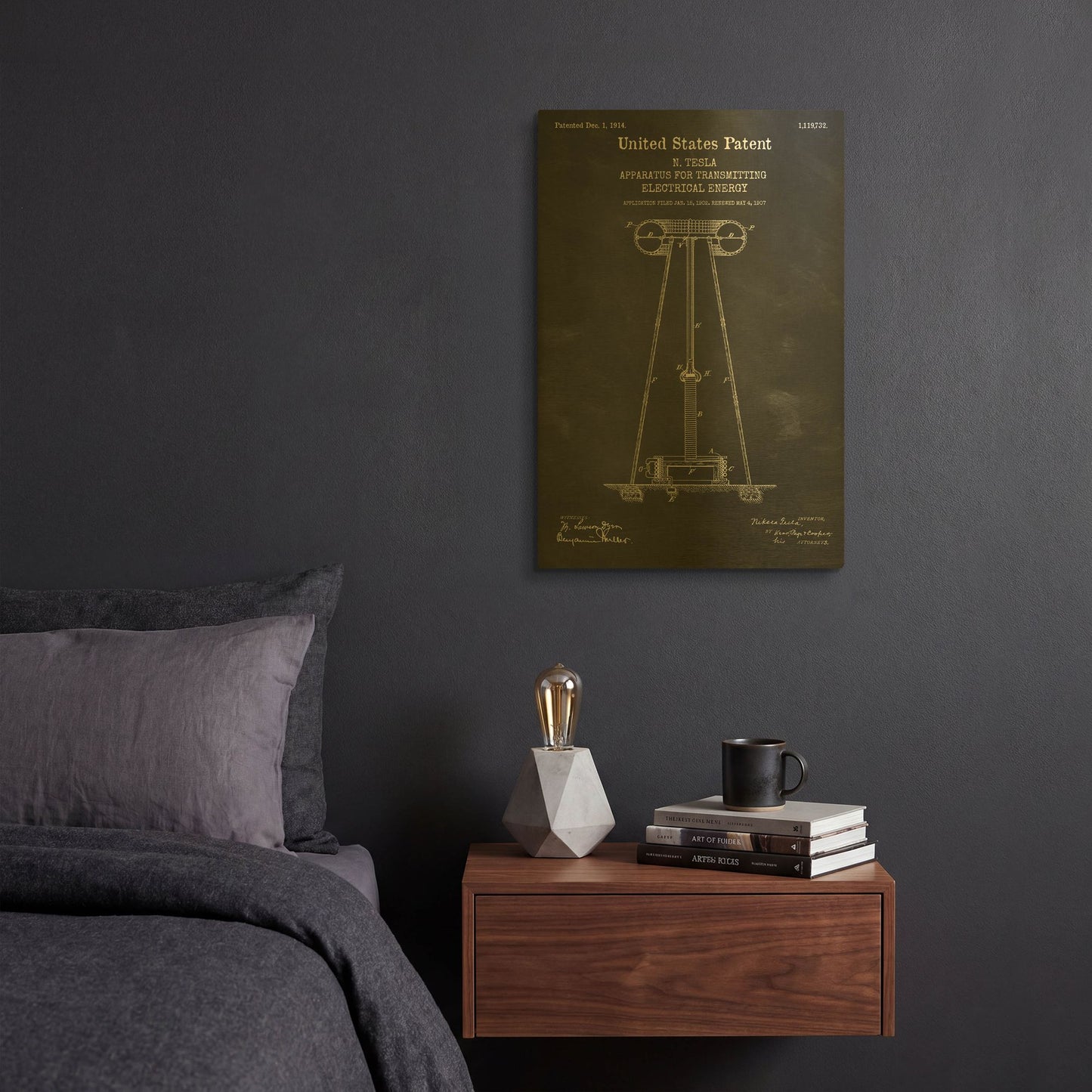 'Tesla Apparatus for Transmitting Electrical Energy Blueprint Patent Chalkboard' By LUXE Gold Metal Wall Art