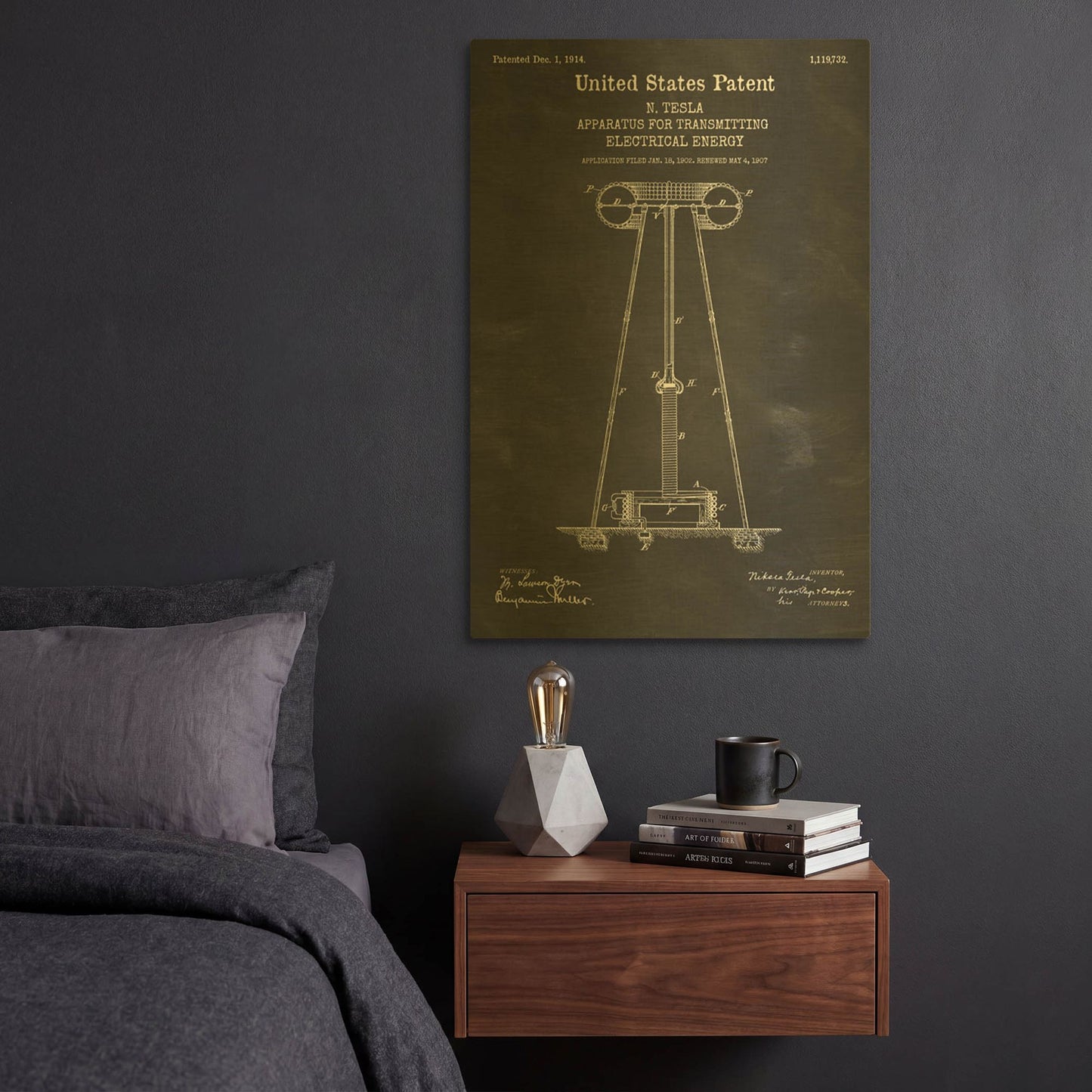 'Tesla Apparatus for Transmitting Electrical Energy Blueprint Patent Chalkboard' By LUXE Gold Metal Wall Art