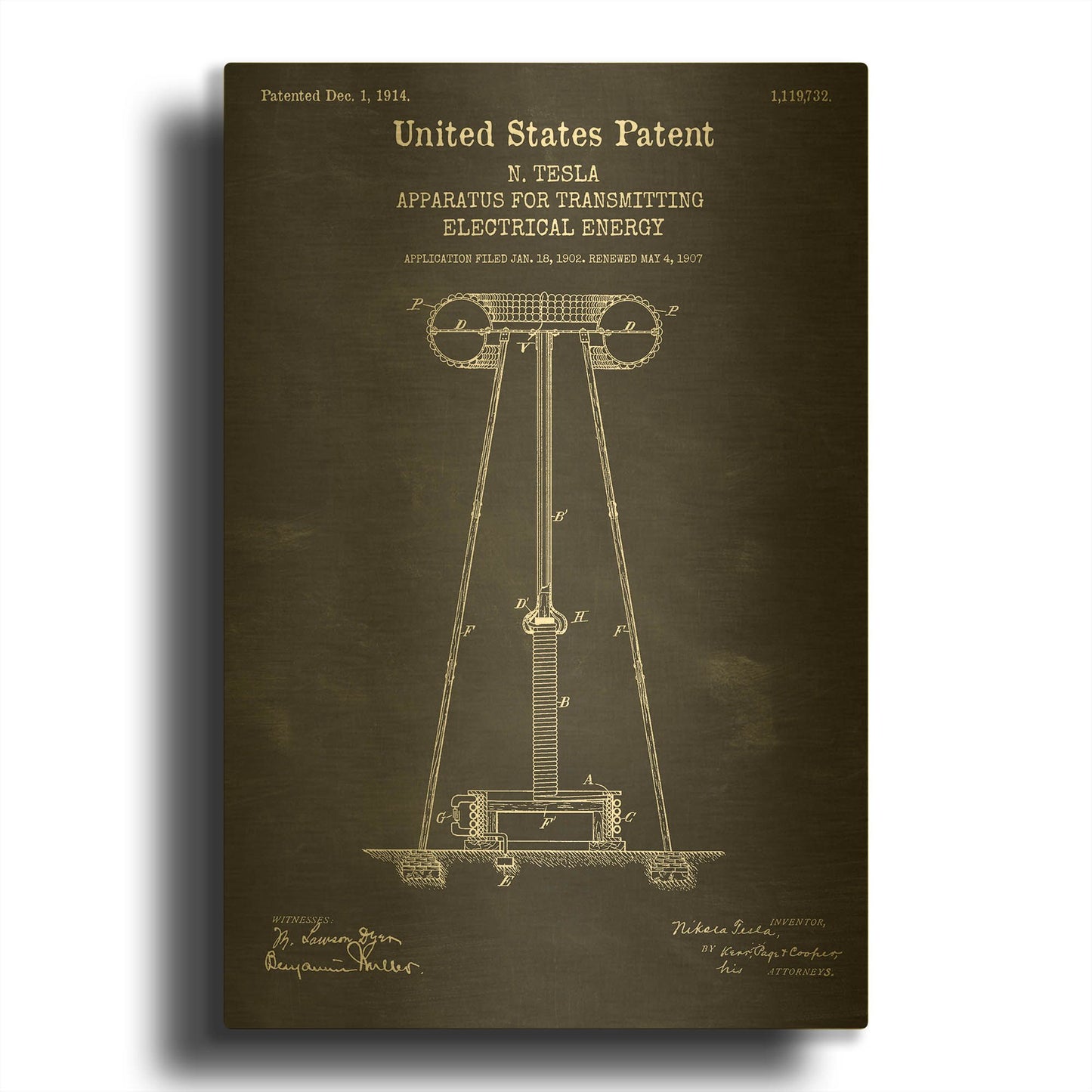 'Tesla Apparatus for Transmitting Electrical Energy Blueprint Patent Chalkboard' By LUXE Gold Metal Wall Art