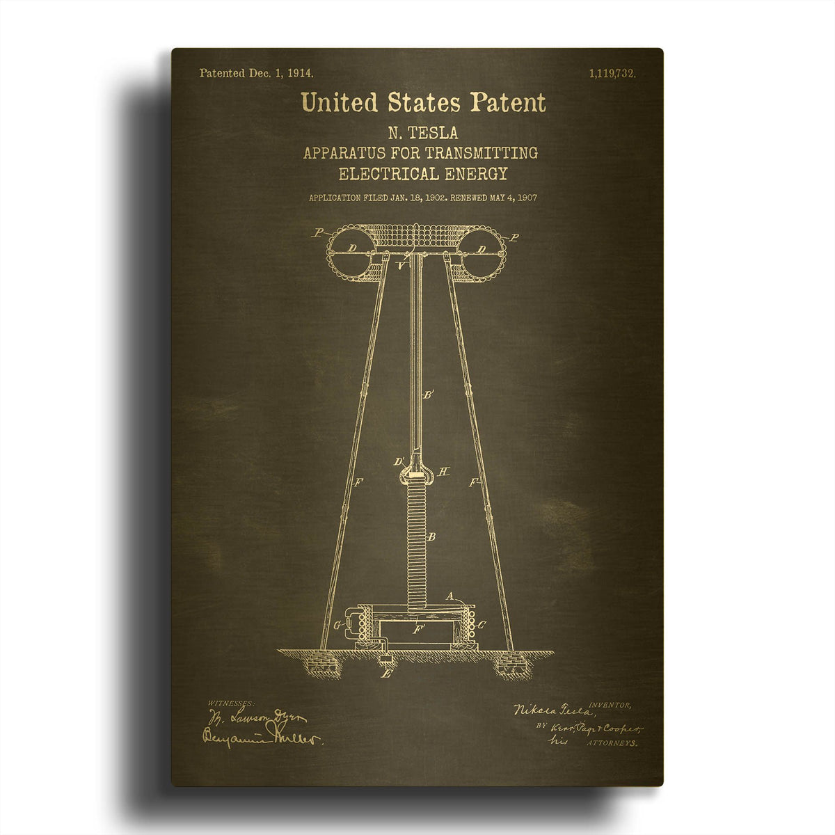 'Tesla Apparatus for Transmitting Electrical Energy Blueprint Patent Chalkboard' By LUXE Gold Metal Wall Art