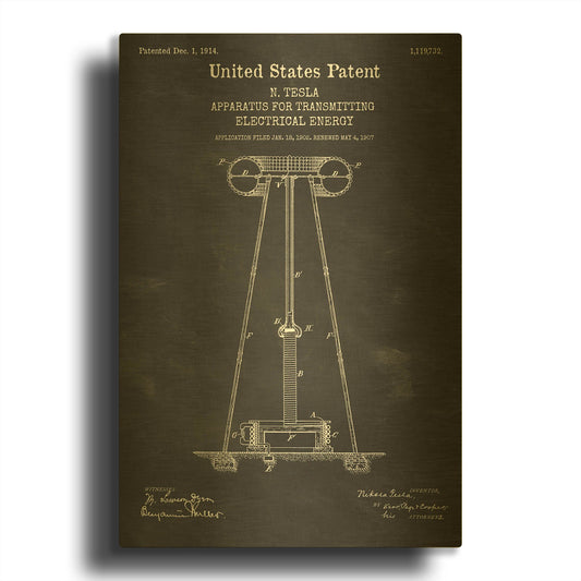 'Tesla Apparatus for Transmitting Electrical Energy Blueprint Patent Chalkboard' By LUXE Gold Metal Wall Art
