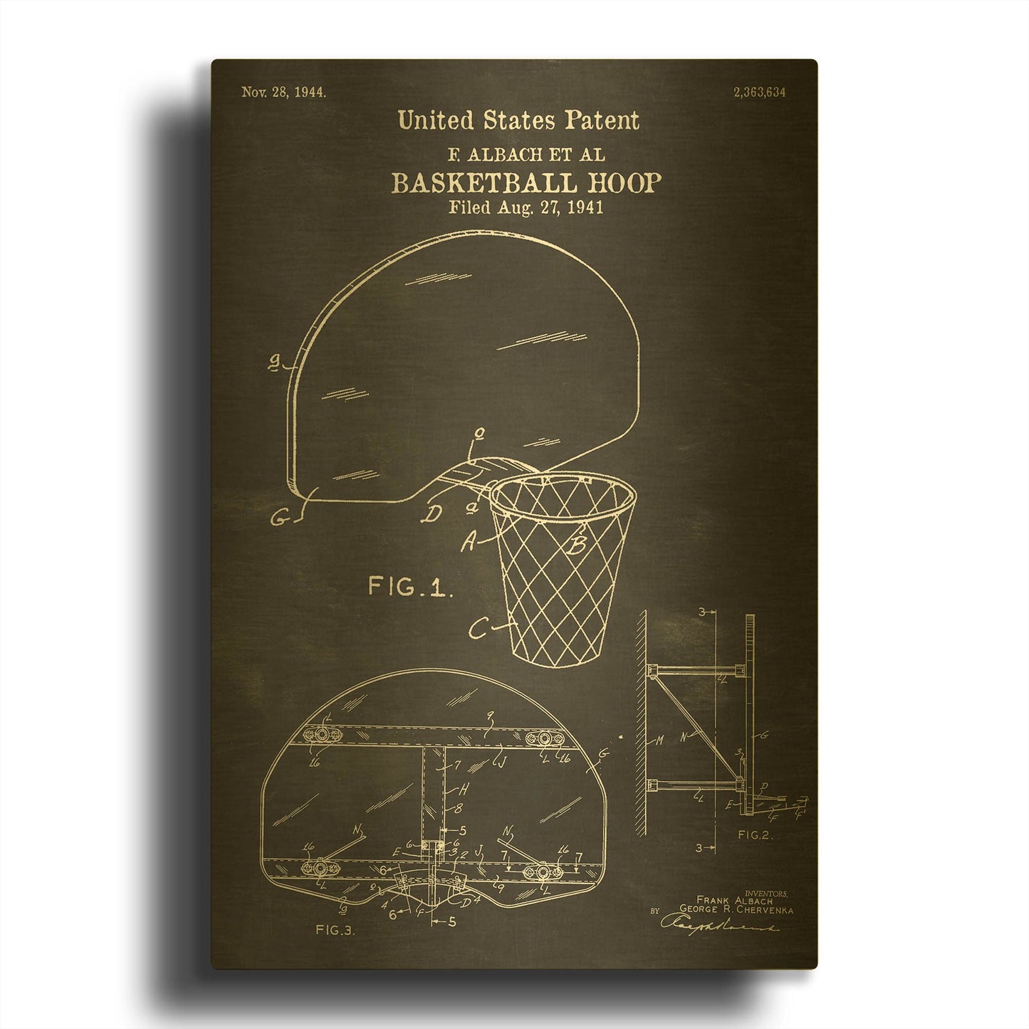 'Basketball Hoop Blueprint Patent Chalkboard' By LUXE Gold Metal Wall Art