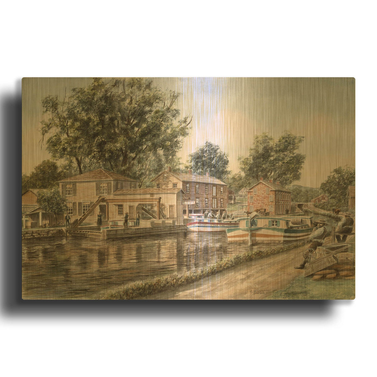 'Weigh Locks On Penn Canal' By Stanton Manolakas Gold Metal Wall Art