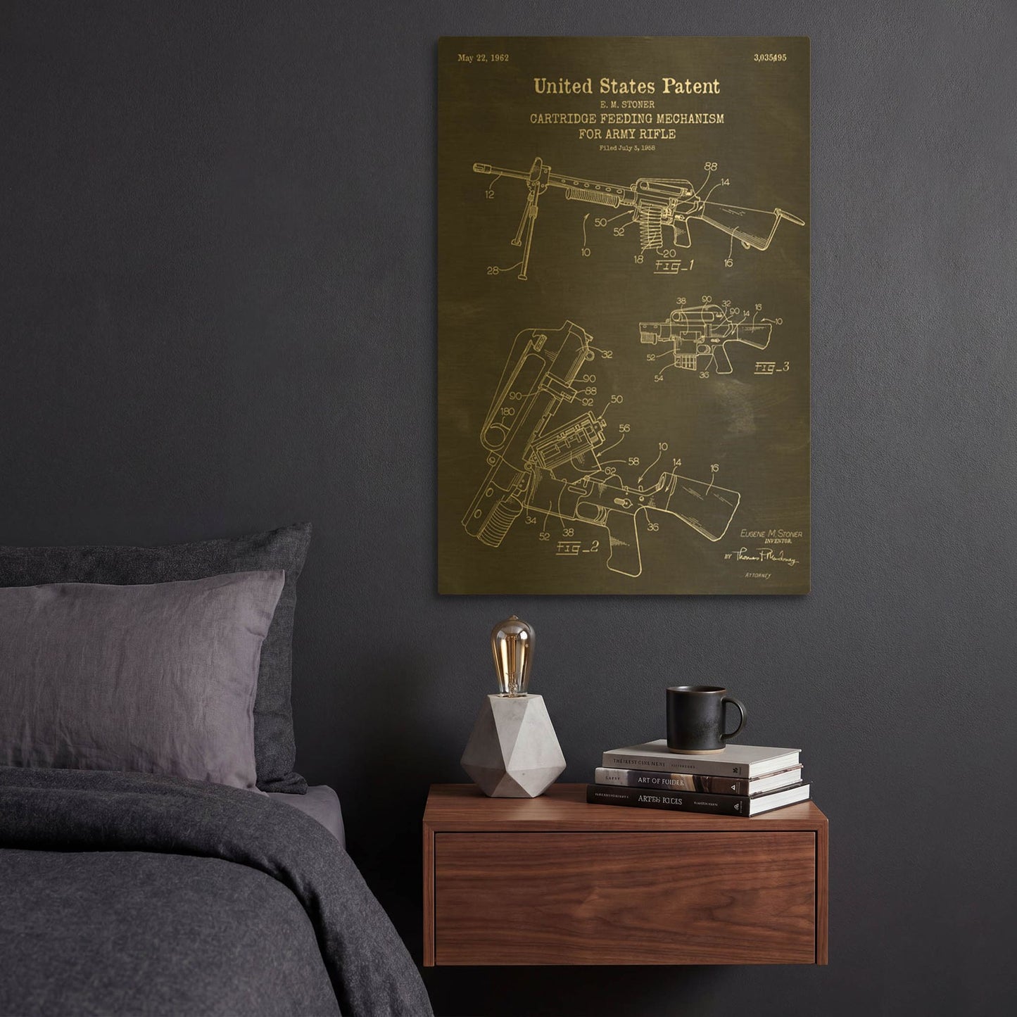 'Ammunition Feeder for Army Rifle Blueprint Patent Chalkboard' By LUXE Gold Metal Wall Art