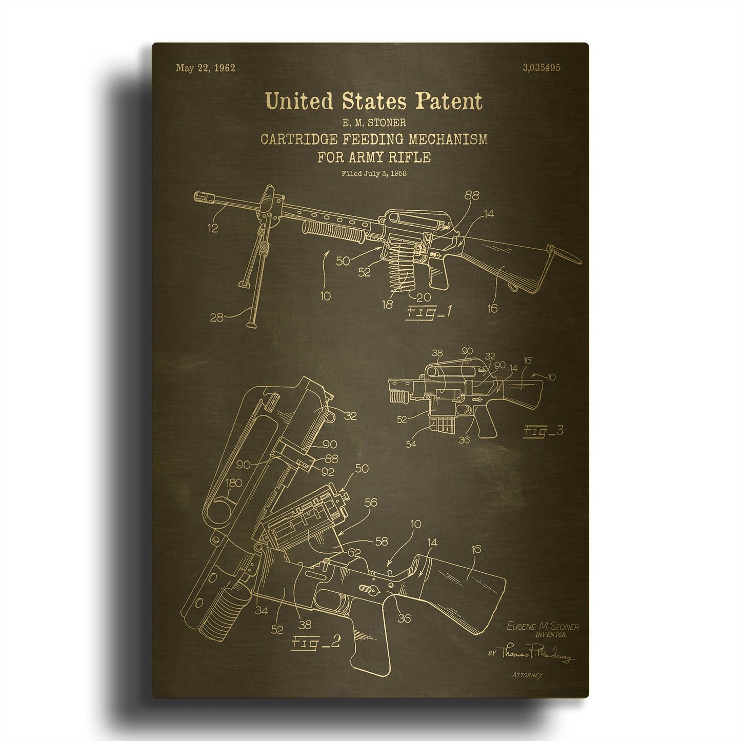 'Ammunition Feeder for Army Rifle Blueprint Patent Chalkboard' By LUXE Gold Metal Wall Art