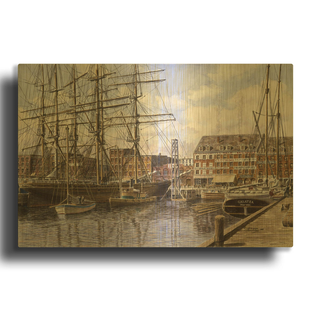 'NYC, Pier 28 Ca. 1876' By Stanton Manolakas Gold Metal Wall Art