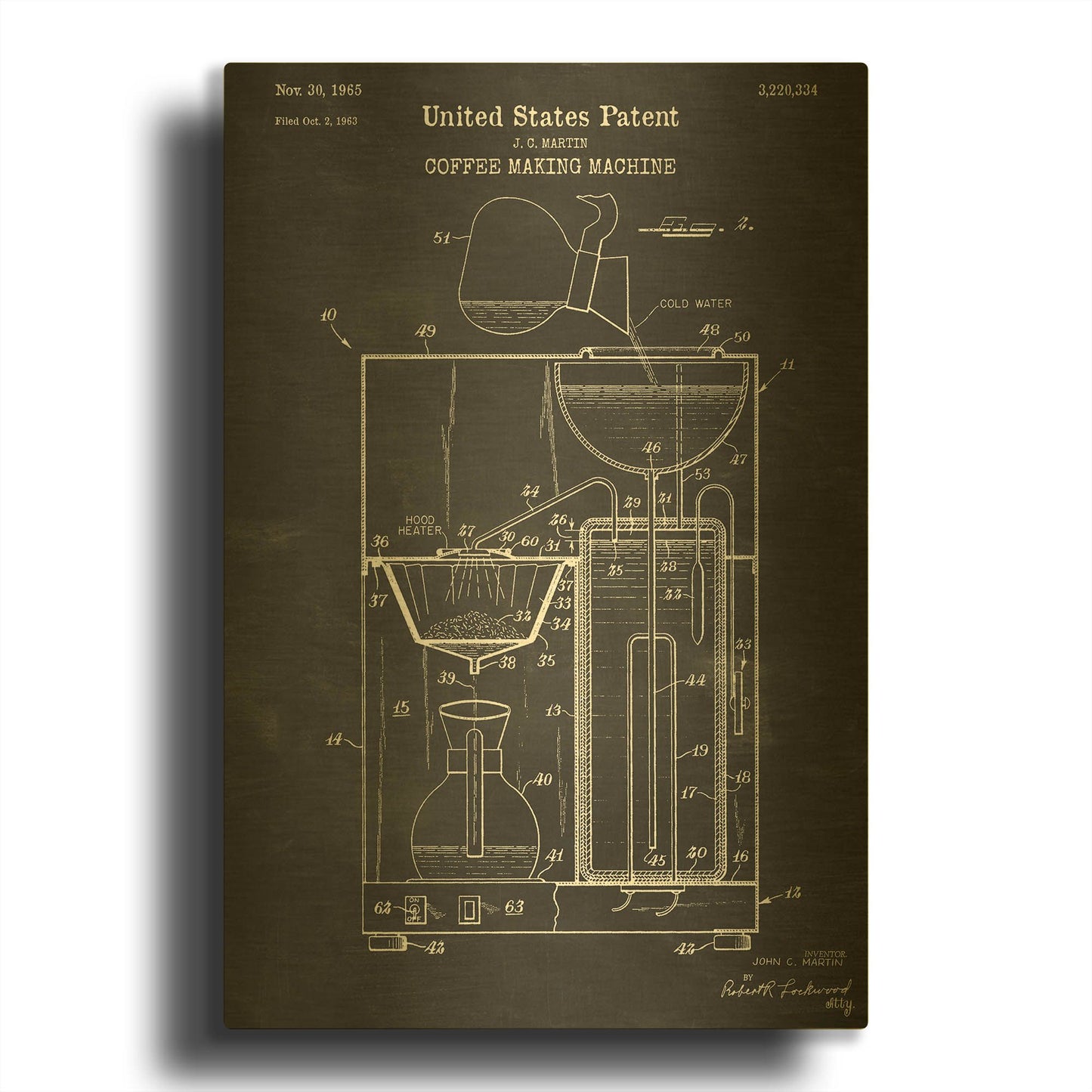 'Coffee Machine Blueprint Patent Chalkboard' By LUXE Gold Metal Wall Art