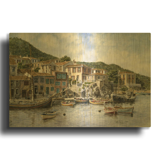 'Kokkari Samos, Greece, Fisherman' By Stanton Manolakas Gold Metal Wall Art
