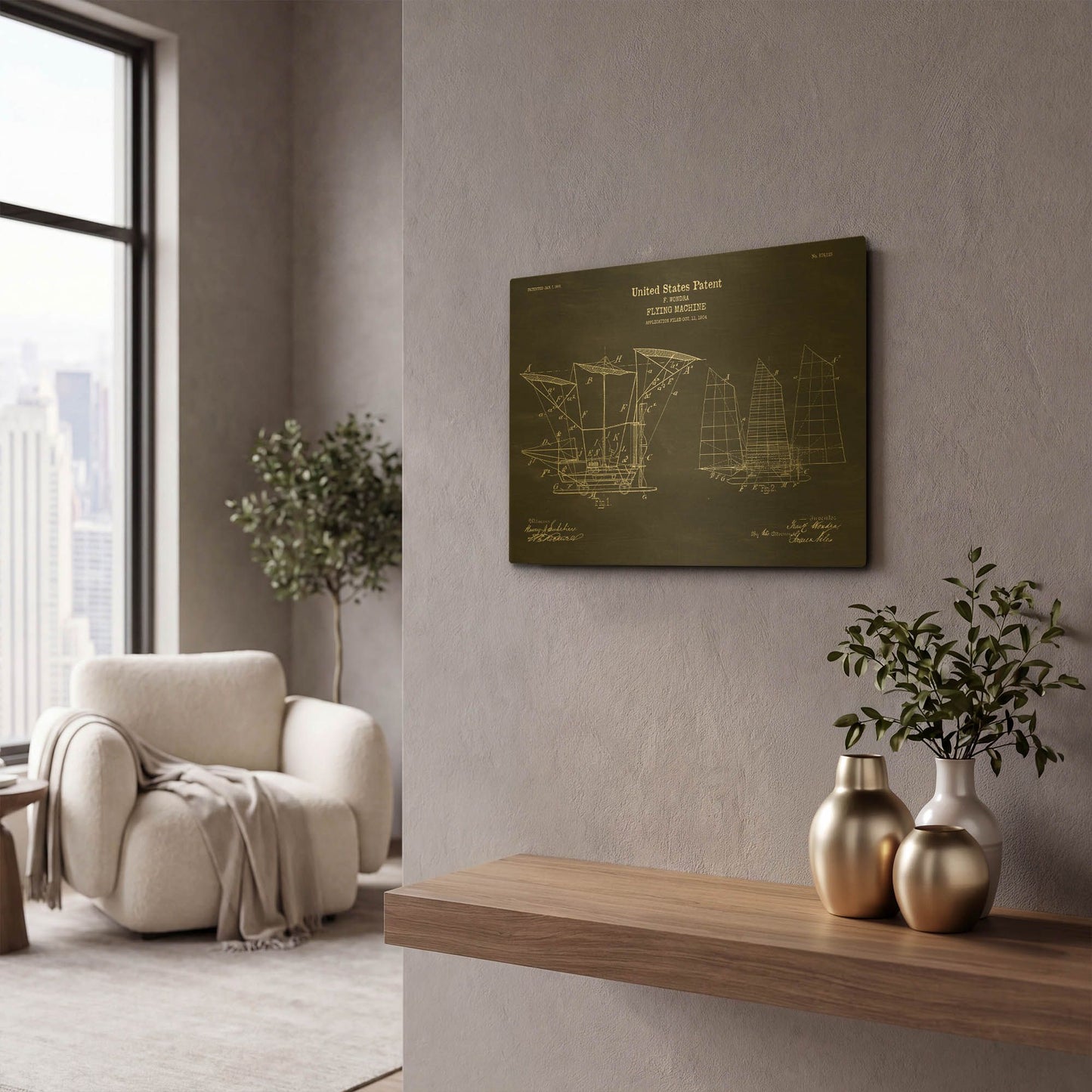 'Flying Machine, 1904 Blueprint Patent Chalkboard' By LUXE Gold Metal Wall Art