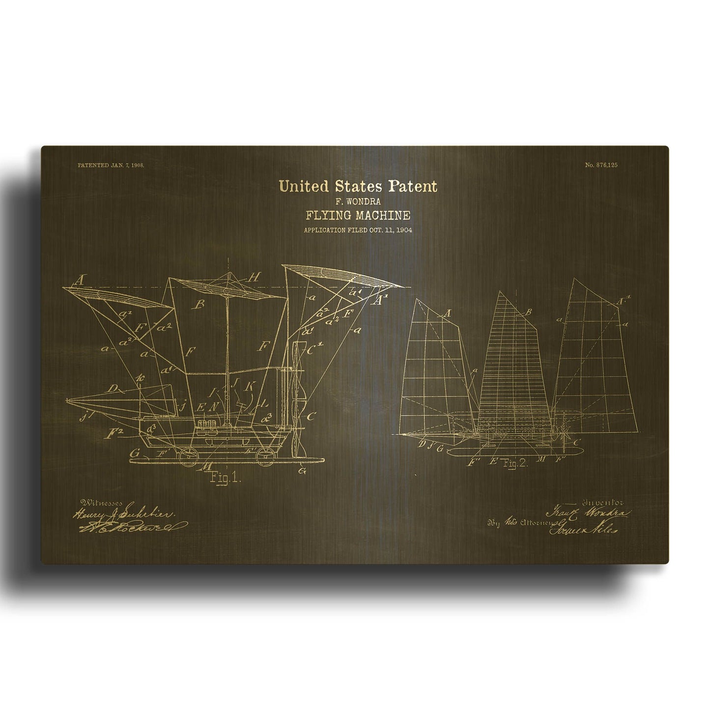 'Flying Machine, 1904 Blueprint Patent Chalkboard' By LUXE Gold Metal Wall Art