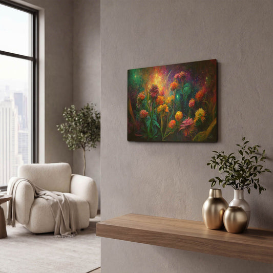 'Flowers in the Universe Color Burst 1' By Tanya Mavric Gold Metal Wall Art