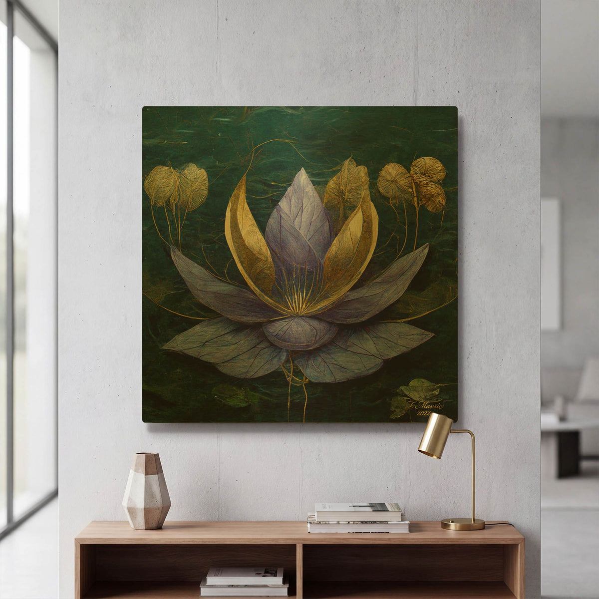 'Golden Blue Lotus' By Tanya Mavric Gold Metal Wall Art