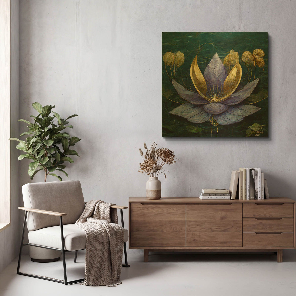 'Golden Blue Lotus' By Tanya Mavric Gold Metal Wall Art
