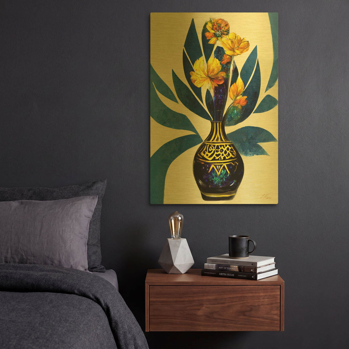 'Golden Vase with Florals' By Tanya Mavric Gold Metal Wall Art