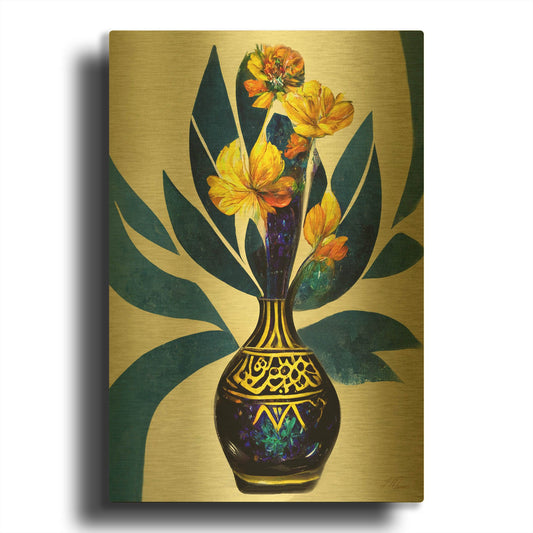 'Golden Vase with Florals' By Tanya Mavric Gold Metal Wall Art