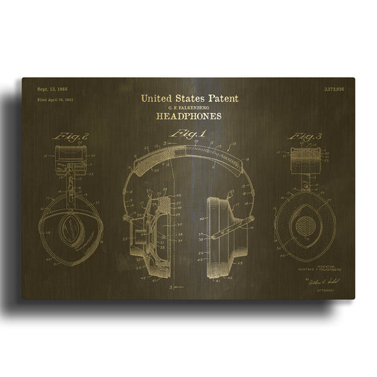 'Headphones Blueprint Patent Chalkboard' By LUXE Gold Metal Wall Art