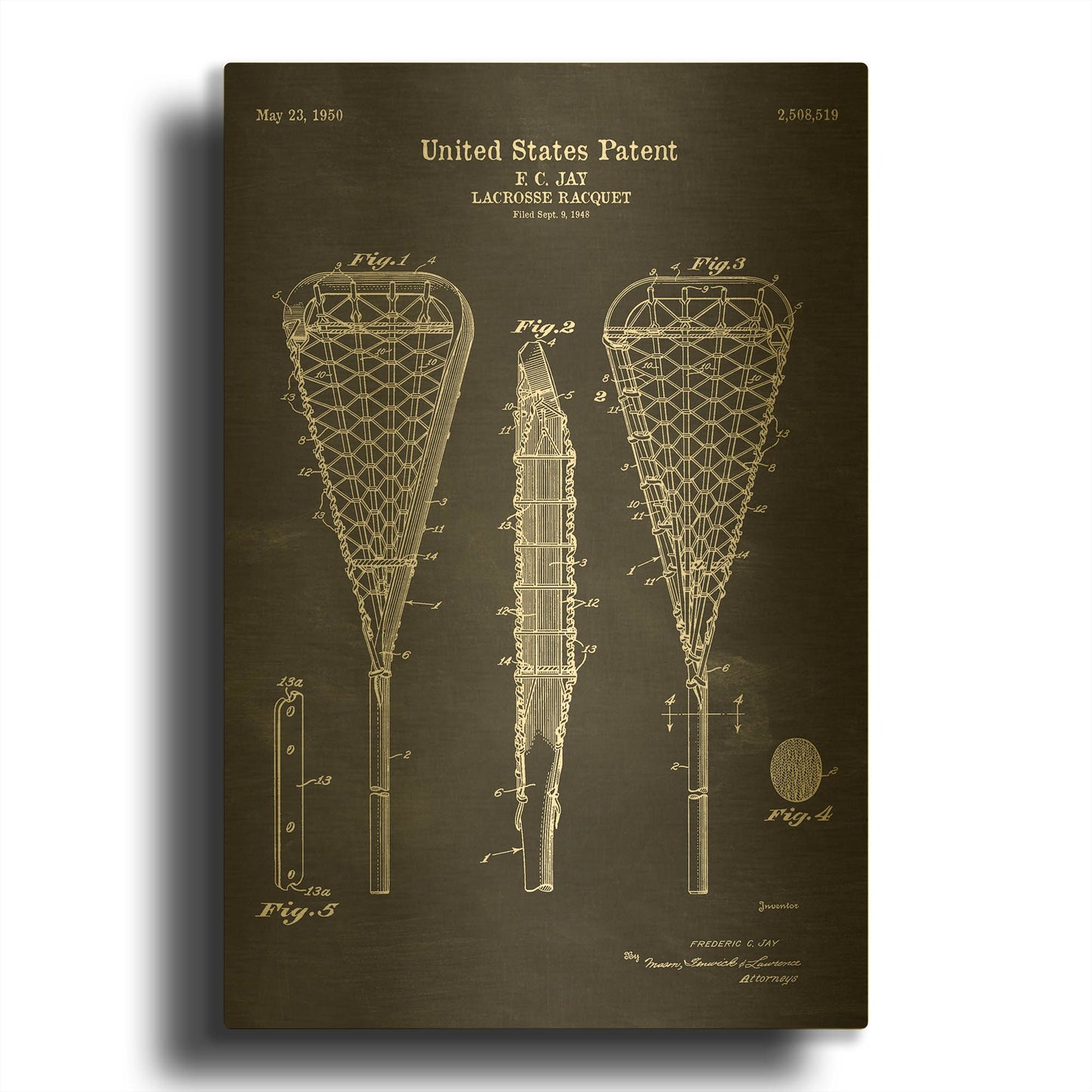 'Lacrosse Racquet Blueprint Patent Chalkboard' By LUXE Gold Metal Wall Art