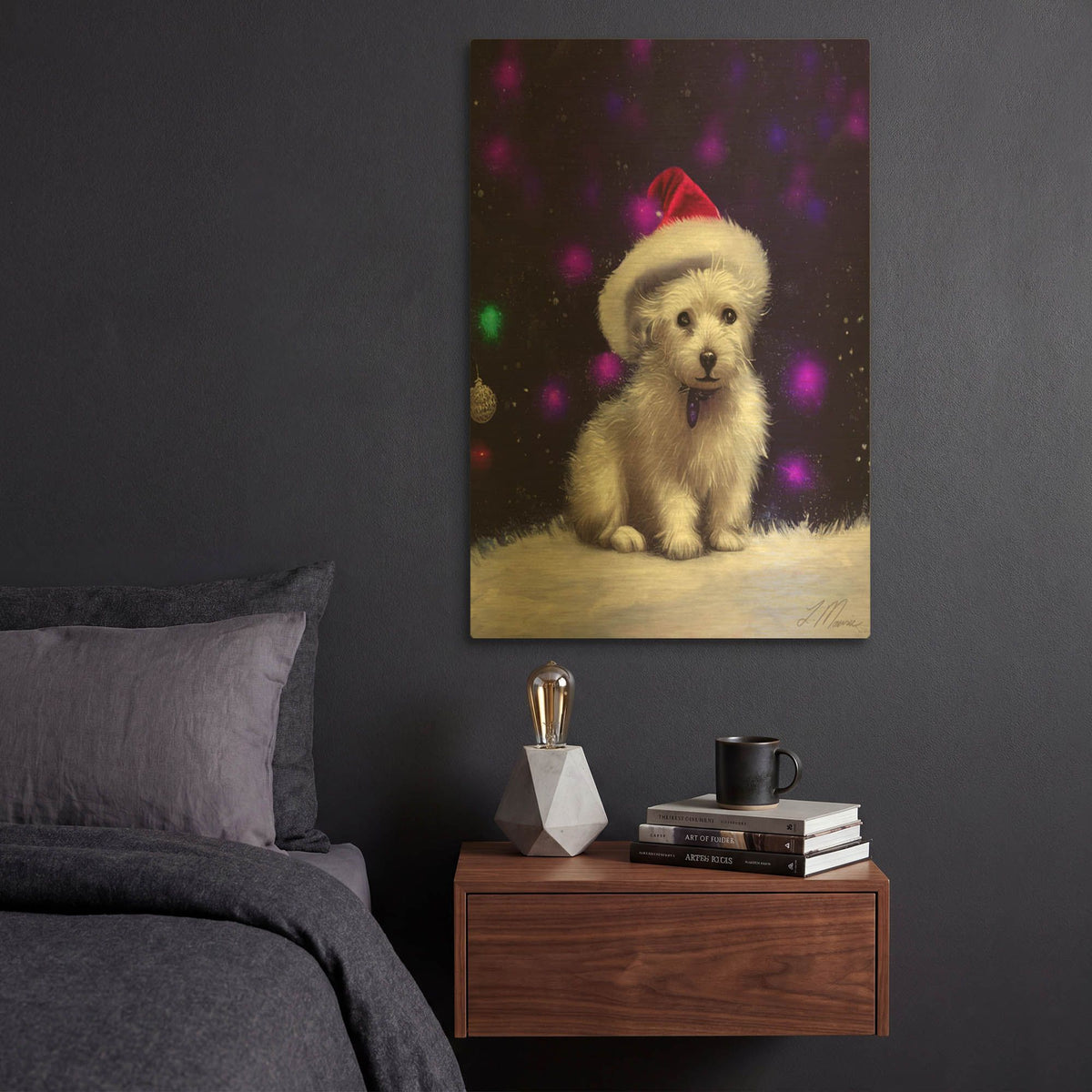 'White Puppy Xmas' By Tanya Mavric Gold Metal Wall Art