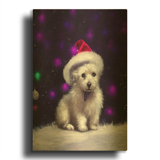 'White Puppy Xmas' By Tanya Mavric Gold Metal Wall Art