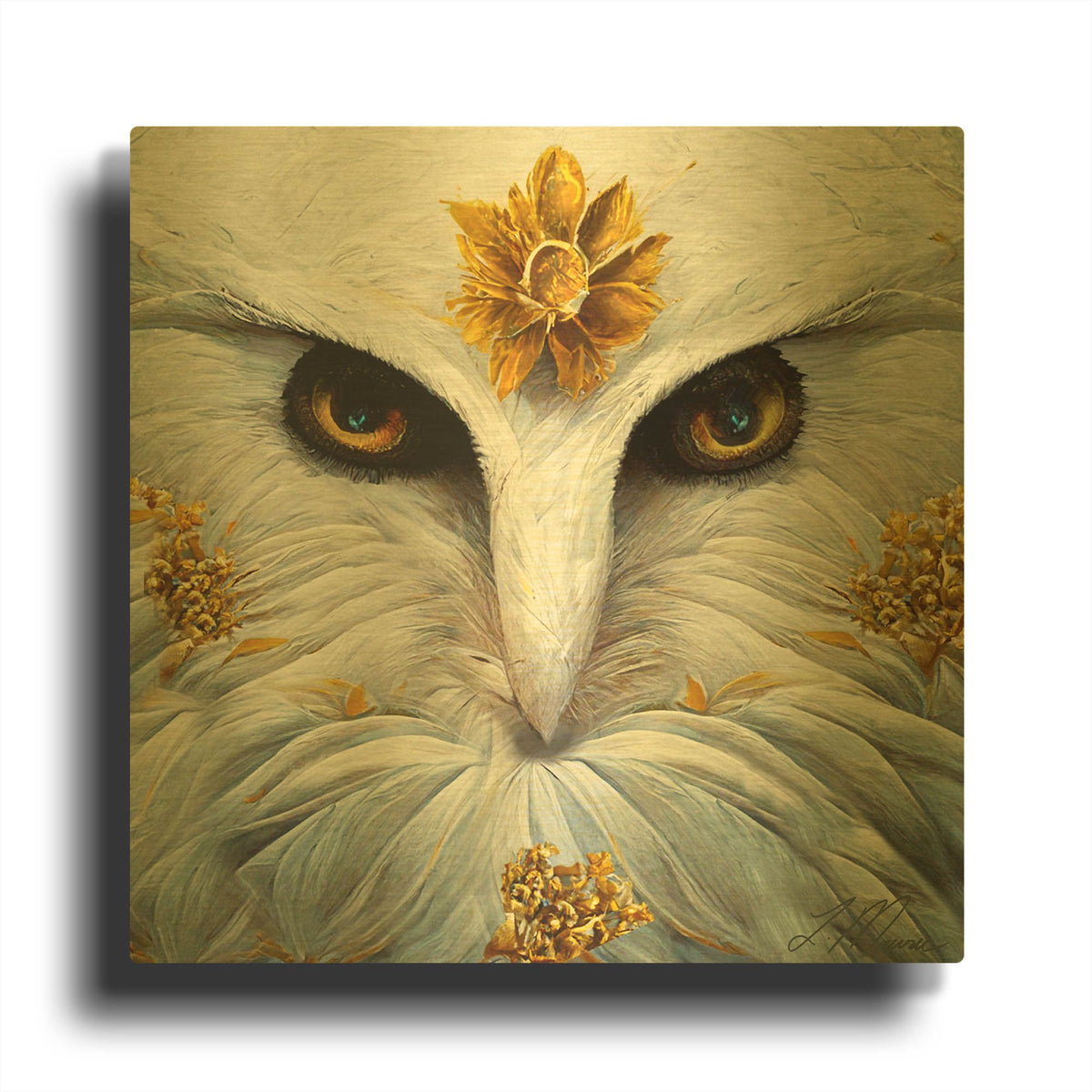 'Snowy White Owl' By Tanya Mavric Gold Metal Wall Art