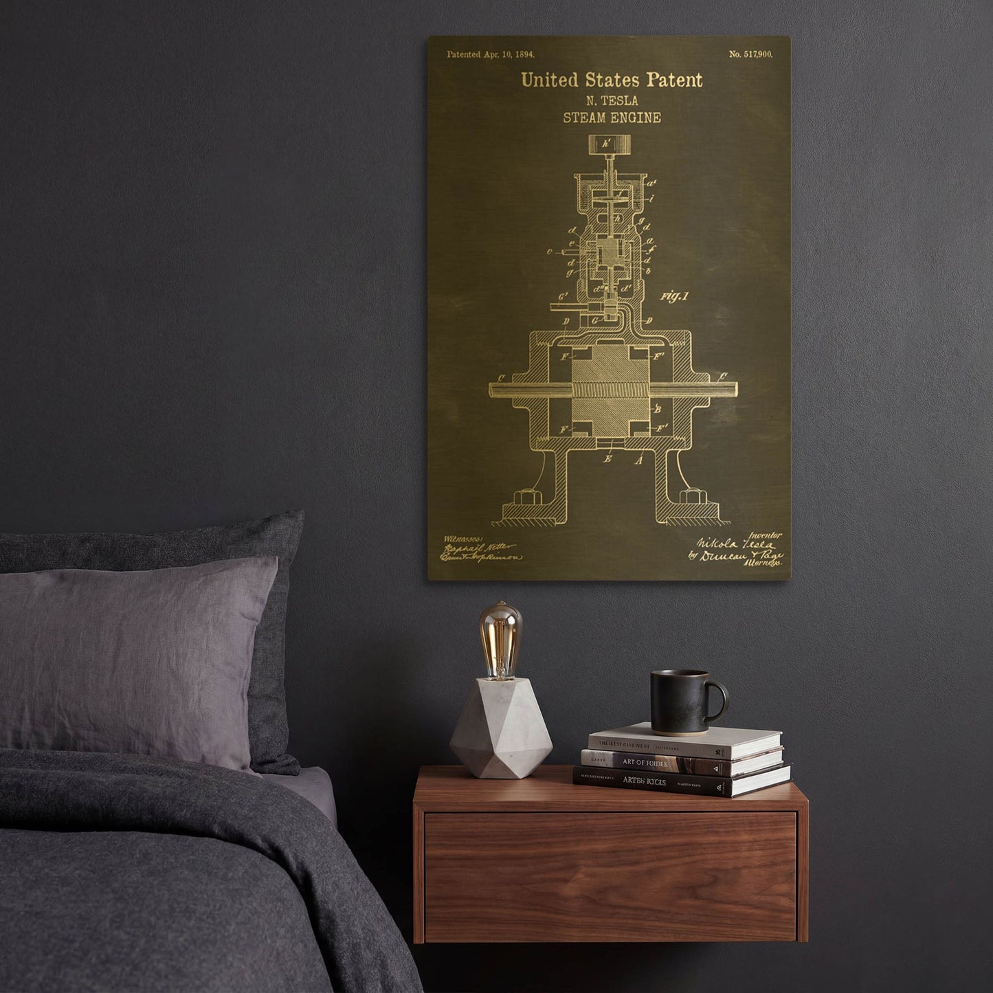 'Tesla Steam Engine Blueprint Patent Chalkboard' By LUXE Gold Metal Wall Art